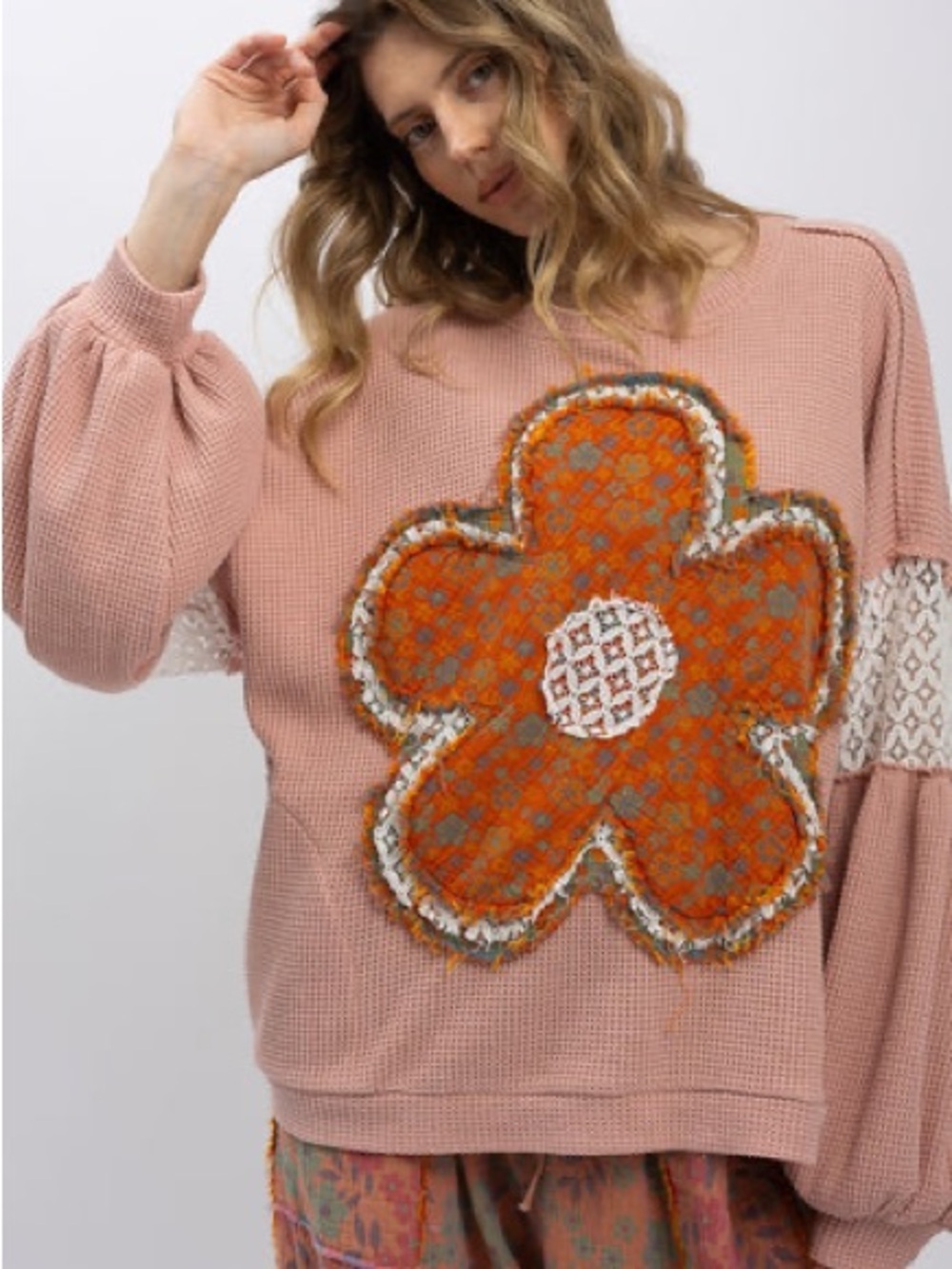 BlueVelvet Floral Patchwork soft pink waffle Knit top long sleeve Orange Floral - Picture 3 of 4